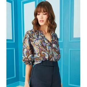 MARIE OLIVER FINLEY OLIVE PAISLEY BLOUSE, SIZE S